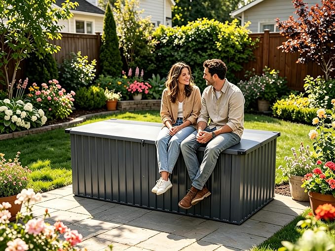 Garvee Outdoor Storage Box, 230 Gallon Waterproof Metal Storage Box, Outdoor Deck Boxes, UV Resistant Patio Storage Box with Lockable Lid for Patio Furniture Cushions, Pillows, Garden Tools, Blank