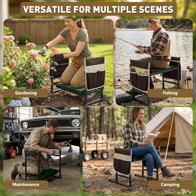 Garden Kneeler and Seat for Seniors – Heavy Duty Anti-Tip Gardening Stool with Widened Thick Soft Kneeling Pad, Foldable Garden Bench with Sturdy Handles, Gardening Gifts for Women Men Mom (Brown)