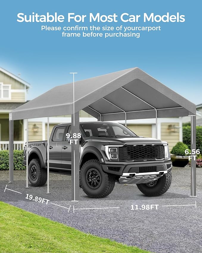 Heavy Duty 12x20FT Carport Replacement Canopy Cover, Waterproof UV Protected Tarp Replacement Top for Carport Frame with Ball Bungees, Car Garage Shelter (Gray, Top Cover Only)