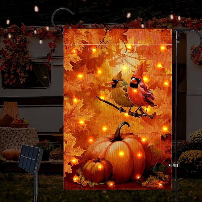 Lighted Cardinals Fall Garden Flag 12 x 18 Inch Double Sided Burlap Led Leaves Bird Garden Flag for Autumn Party Yard Outdoor Decoration