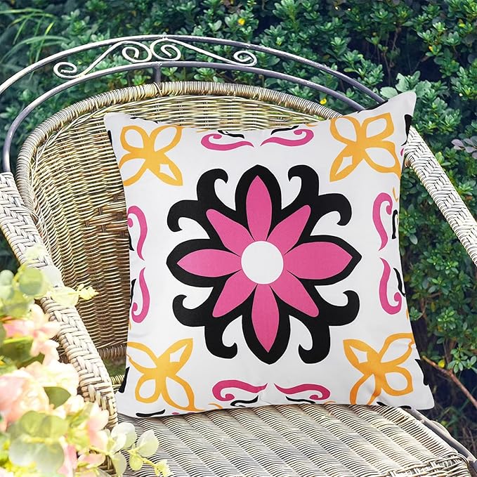 Pyonic Black Hot Pink Outdoor Pillows Waterproof Throw Pillow Covers Set of 4 Floral Printed and Boho Farmhouse Outdoor Pillow Covers for Patio Funiture Garden 18x18 Inch