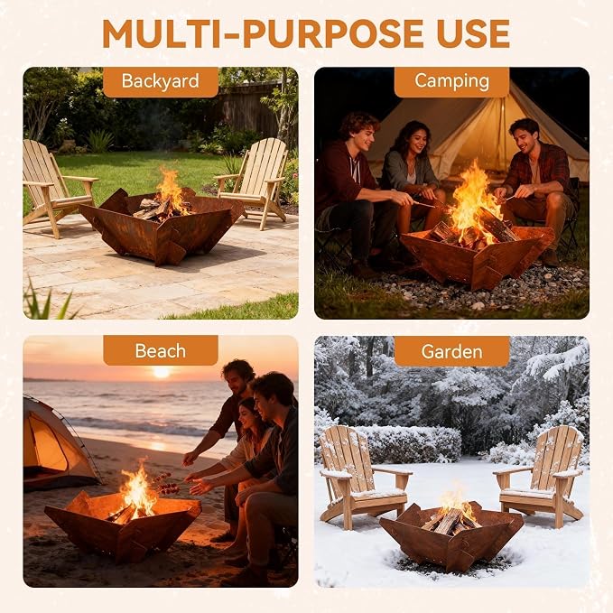 Decoroca Corten Steel Fire Pit - Outdoor Wood Burning Pit for Backyard Patio, Garden & Terrace, Durable & Weather-Resistant, Ideal for Family Gatherings & Parties