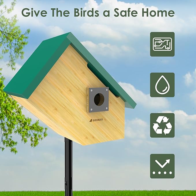 Birdkiss Smart Bird Houses for Outside Solar Powered, 1080P HD Live View Birdhouse with Camera, Perfect Viewing Bird Nesting and Hatching, Ideal Outdoors Bird House for Blue Bird and Cardinal (Green)