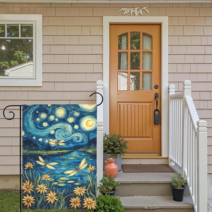 Spring Daisy Garden Flag Starry Night Style Floral Yard Flags with Dragonflies Summer Lake Landscape Artistic Impressionist Flower Banner Outdoor for Lawn Patio Porch Seasonal Home 12x18 Inch