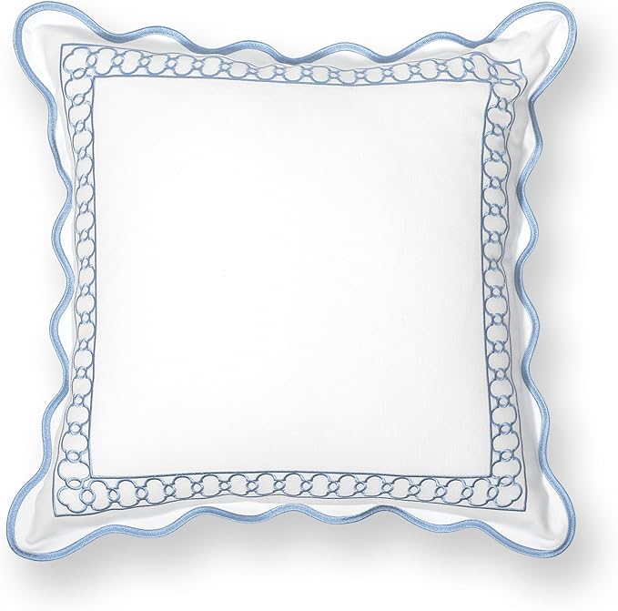Hofdeco Premium Coastal Patio Indoor Outdoor Scalloped Throw Pillow Cover Only, 20"x20" Water Repellent for Backyard, Couch, Baby Blue Embroidered Begonia Pattern Chain Frame (Pack of 2)