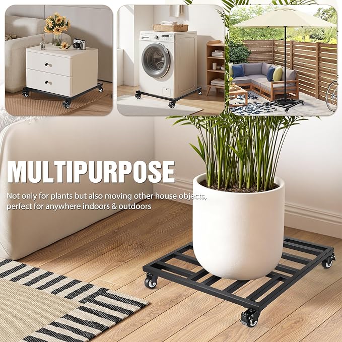 22" Plant Caddy with Wheels, Heavy Duty Metal Rolling Plant Stand, 600 lbs Square Plant Dolly with Lockable Industrial Caster Wheels for Large Planter Pots, Heavy Objects Wheeled Mobile Roller, 2 Pack