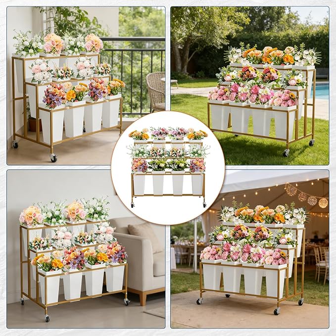 PeakPursuit 3-Tier Metal Flower Display Stand with 12 Square Plastic Buckets and Wheels,Flower Display Cart for Indoor and Outdoor Use, Gold