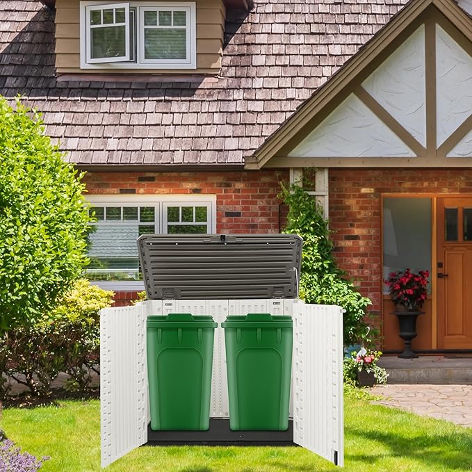 VINGLI Outdoor Horizontal Storage Shed Waterproof with 34 Cubic Feet Storage Space, 50” x 29” x 41” Patio Storage Cabinets for Garbage Cans, Bike, Tools, Deck Box for Yard, Porch, Garden, White