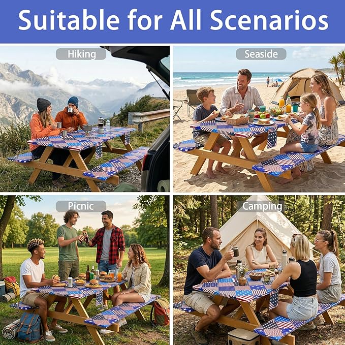 Fitted Waterproof Picnic Table Cover with Bench Covers Elastic 72×30Inch Weather Proof Non Slip Camping Table Clothes for 6Feet Rectangle Tables Campers Summer Fall Travel Hiking Tools Gifts