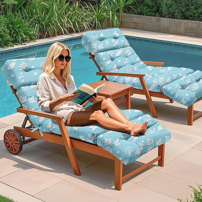 2 Pcs Outdoor Chaise Lounge Chair Cushion 75.1 x 22.8 x 4.7 Inches 100% Waterproof Replacement Cotton Patio Pool Lounge Chair Cushion for Outdoor Furniture with Ties, Blue Daisy