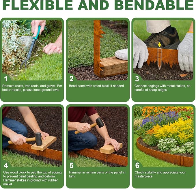Metal Landscape Edging Border 15 Packs 42'' L x 4.5'' H, Pre-Rusted Steel Garden Edging Border with 15 Stakes, Hammer-in Lawn Edging for Landscaping, Flower Bed, Yard, Pathway, Tree Ring (52ft Total)
