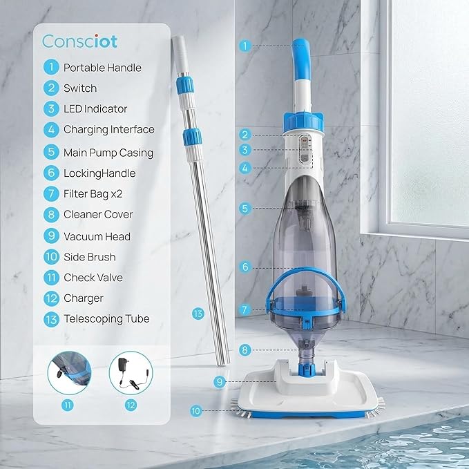 Consciot Pool Vacuum for Above Ground Pool & Inground Pool, Rechargeable Handheld Cleaner with Telescopic Pole,18.5 GPM Suction, 13.4" Head, 60-Min Runtime, for Spa & Hot Tub