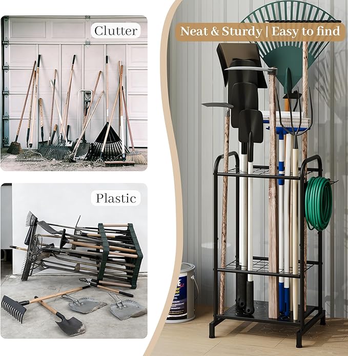 Garden Tool Organizer, Garage Tool Storage Rack, Heavy Duty Metal with Side Pegboard & Adjustable Hooks, Utility Racks for Shed, Patio & Outdoor Use