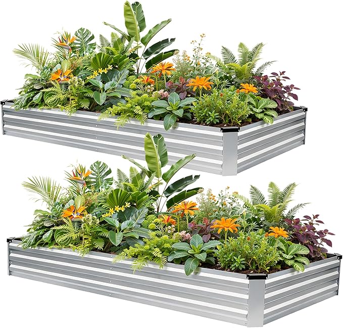 G GOOD GAIN 8x4x1ft Galvanized Raised Garden Bed, Heavy-Duty Metal Planter Boxes Outdoor for Vegetables Flowers Herbs, Silver(2 Pack)