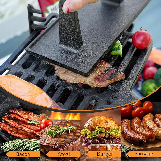 Sungmor Heavy Duty Cast Iron Grill Press, 8.7" x 4.3" Rectangel Burger Press Bacon Smasher with Wood Handle, Meat Steak Weight for Blackstone Grill,Outdoor Griddle, Kitchen Barbecue Press Tool