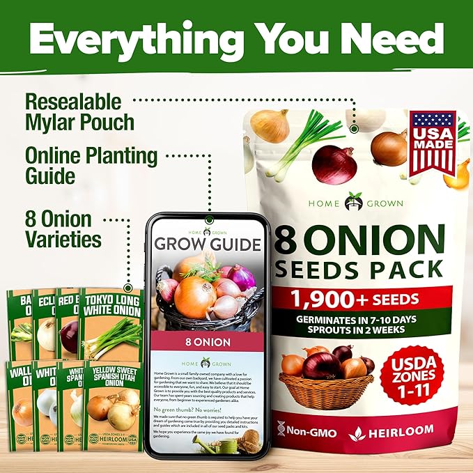 HOME GROWN 8 Onion Variety Mix 1600+ Heirloom Non-GMO Seeds for Planting, High Germination, Red, Yellow, White, Sweet Vidalia, Spanish Bulb Onions, Green Scallions, Indoor Outdoor Garden (Allium cepa)