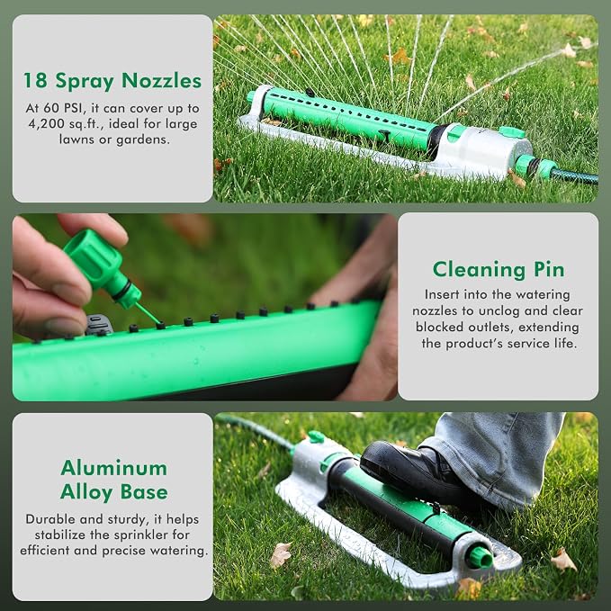 RESTMO Heavy Duty Oscillating Sprinkler with Stable Metal Base, 18 Durable Nozzles, Adjustable Flow & Width & Coverage, Lawn Sprinkler & Garden Sprinkler for Large Yard Irrigation