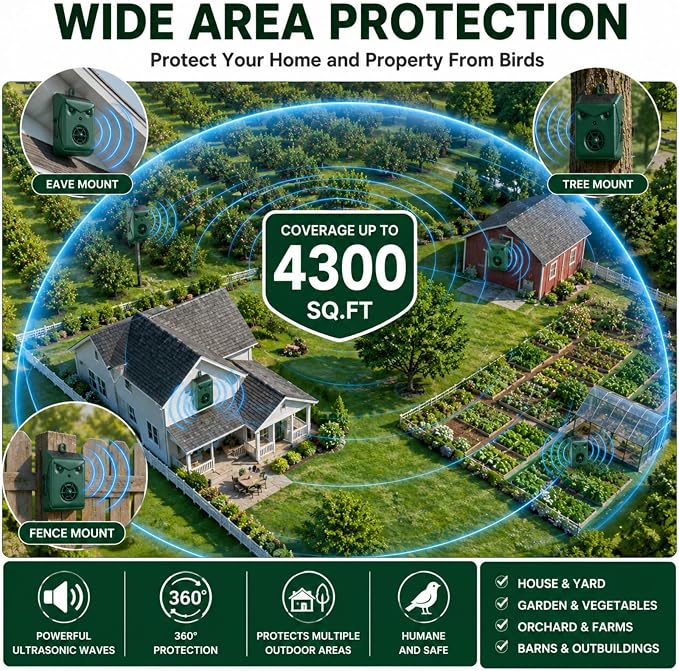 2026 Upgraded Solar Ultrasonic Bird Repellent Devices Outdoor,2 Pcs Woodpecker Deterrent for House,USB Charging & Waterproof Goose Pigeon Bird Deterrents for Outside,Birds Repeller for Garden Orchard