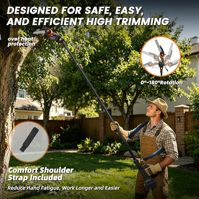 2-in-1 Cordless Pole Saw for Tree Trimming, 14FT Max Reach Extendable Battery Powered Pole Chainsaw with 8 Inch Mini Chainsaw, Dual 2.0Ah Batteries, Electric Pole Saws for Yard Pruning