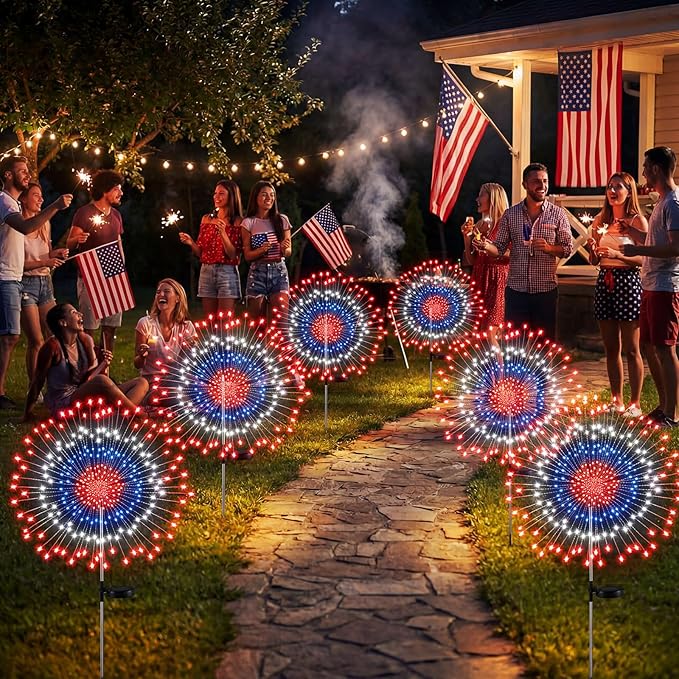 Tujoe 6 Pcs 4th of July Solar Firework Lights Patriotic Solar Light Outdoor Garden 120 LED 8 Modes Waterproof LED Sparkler Light for 250th Anniversary Patio Yard Pathway Walkway (Patriotic Colors)
