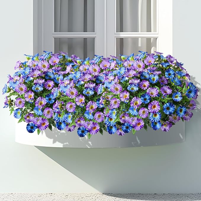 Blue Purple Artificial Morning Glory Flowers for Outdoor Planters, Premium UV Resistant Silk Faux Flowers for Porch, Hanging Basket & Window Box, Cottage Garden Decor, No Pot, 13.3 Inch, 8 Bundles