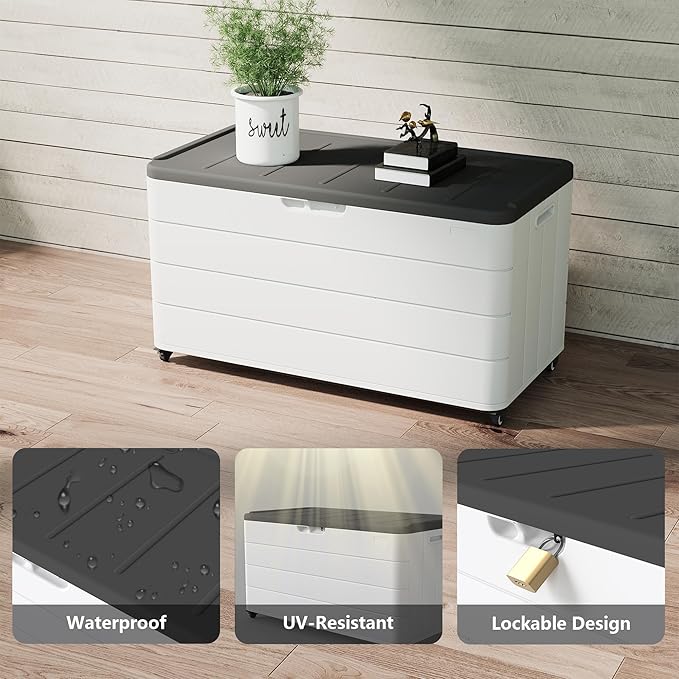 100GAL Square Storage Box (With Wheels) White,Waterproof Resin Storage Bin for Patio Cushions,Accessories,UV Resistan