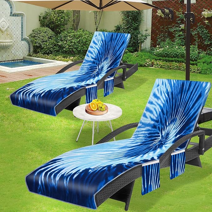 Lounge Chair Towel Cover (Pack of 2), Tie Dye Style Chaise Lounge Cover, Beach Chair Covers with Pockets for Pool Beach Garden Courtyard Outdoor Trips, 85 x30 in, Blue Grey