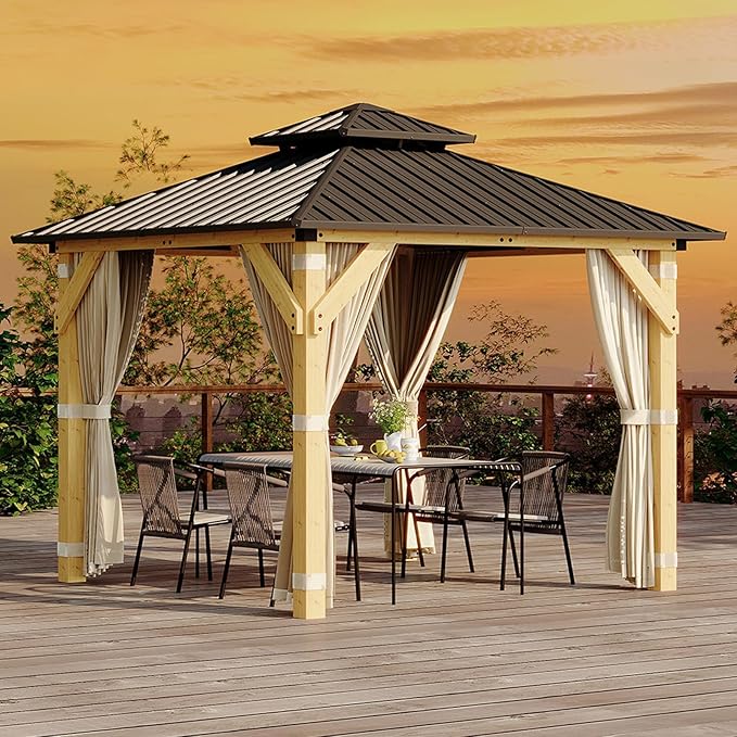 10x10 ft Wood Gazebo, Upgrade Spruce Frame and Double Galvanized Steel Roof, Hardtop Gazebo