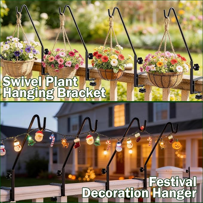 15 Inch Deck Hooks Hanger for Railing 2 Pack, Heavy Duty Shepherds Hooks for Outdoor Hanging Plants, 360° Swivel Adjustable Bird Feeder Pole Deck Railing Plant Hanger Bracket Outdoor
