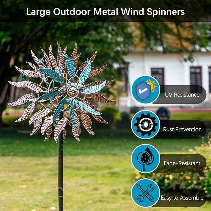 Large Wind Spinners Outdoor Metal, 360° Double-Layer Garden Wind Spinners Sculptures, 63" ×13.4", Kinetic Pinwheels for Yard and Garden Patio & Lawn (Blue Copper)