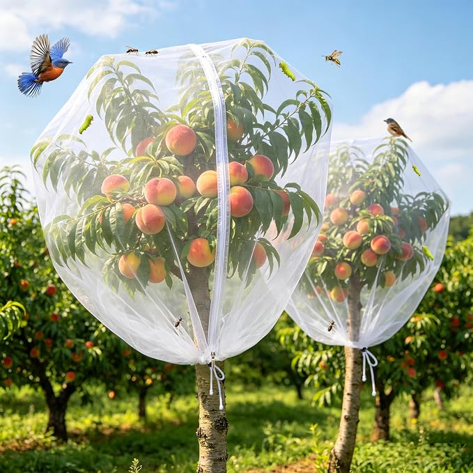 4PCS 4.6Ft × 5.9Ft Fruit Tree Netting with Zipper and Drawstring, 60 Mesh Thickened Garden Bird Netting for Blueberry Bushes, Fruits, Vegetables, Insect Bird Barrier Mesh Protective Cover
