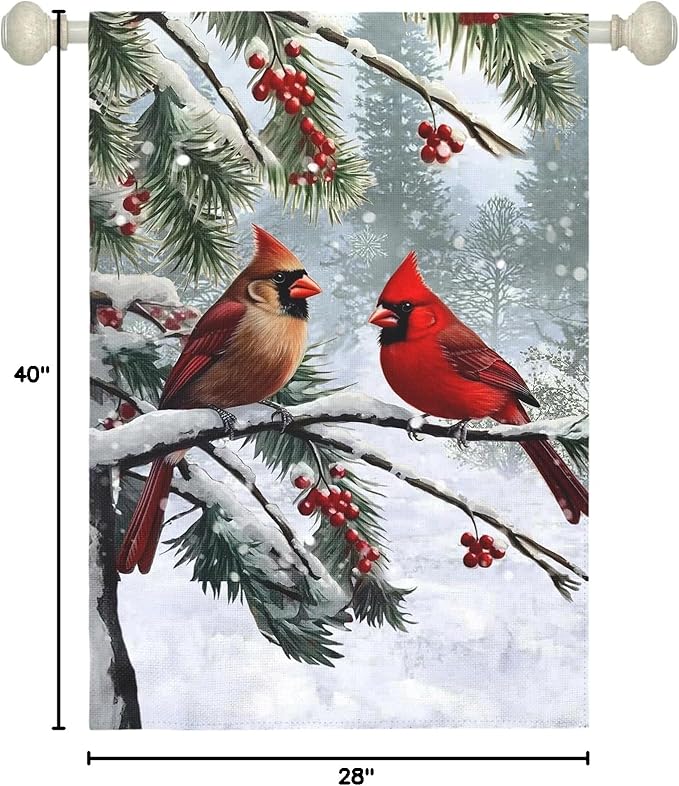 Winter Cardinal Bird Garden Flag Red Bird Pine Twigs Yard Flag Double Sided Polyester Holly Berry Snow Seasonal House Banner for Outdoor Farmhouse Christma Holiday Decor 28 x 40 Inch