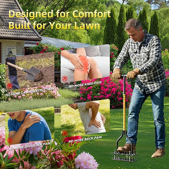 Lawn Aerator Tool with Dual-Layer Self-Cleaning Spikes, 15 Spike Heavy Duty Manual Lawn Aerator for Compact Soil, Anti-Clog Grass Aerator for Yard, Garden & Lawn Care