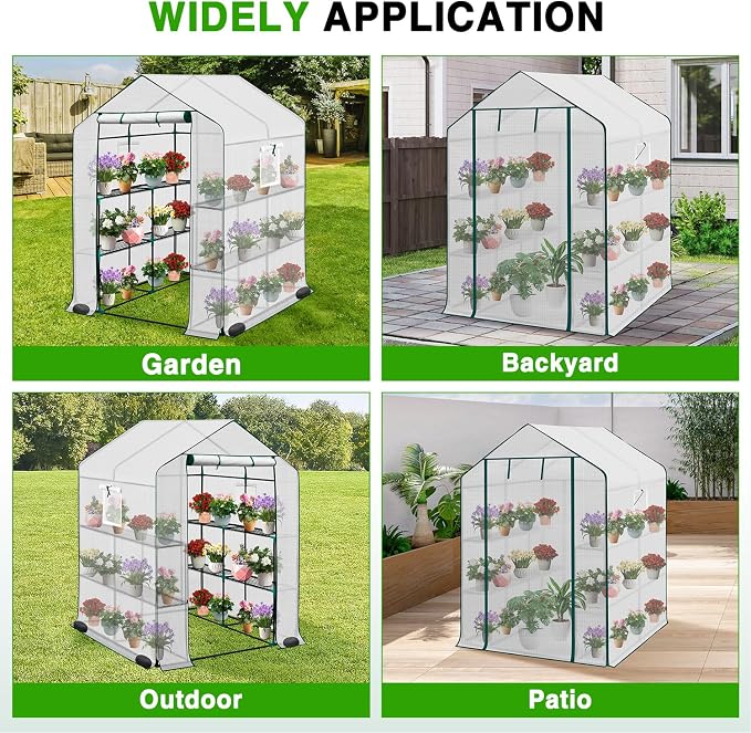 Yesker Greenhouse 57.5"x57"x77" Walk in Green House - Large Outdoor/Indoor Greenhouses with 8 Shelves Waterproof PE Cover & Windows, Portable Greenhouse Kit for Winter Backyard Gardening Patio, White