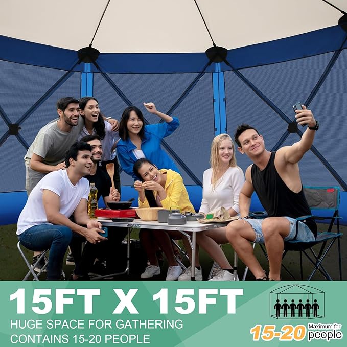 COBIZI 15x15 FT Pop Up Gazebo - Canopy Tent, Large Gazebos On Clearance with Sidewalls, Screened in Gazebo,carpas para Patio,Portable Screen Tents for 12-15 Persons Outdoor Camping, Backyard, Blue