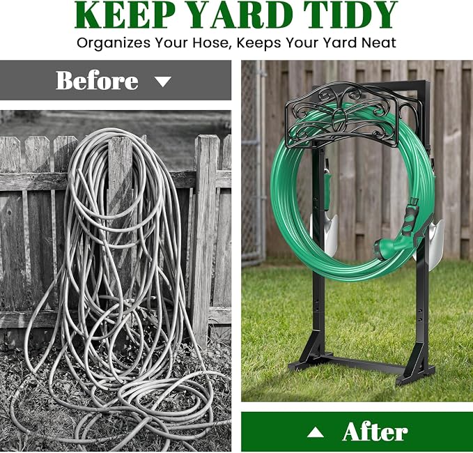 Sunvigor Freestanding Garden Hose Holder Stand, Heavy Duty Hose Reel Alternative with 2 Tool Hooks, Holds 150FT Water Hose, 4-Spike Stable Base, No-Drill Hose Storage for Outside Yard Lawn Garden