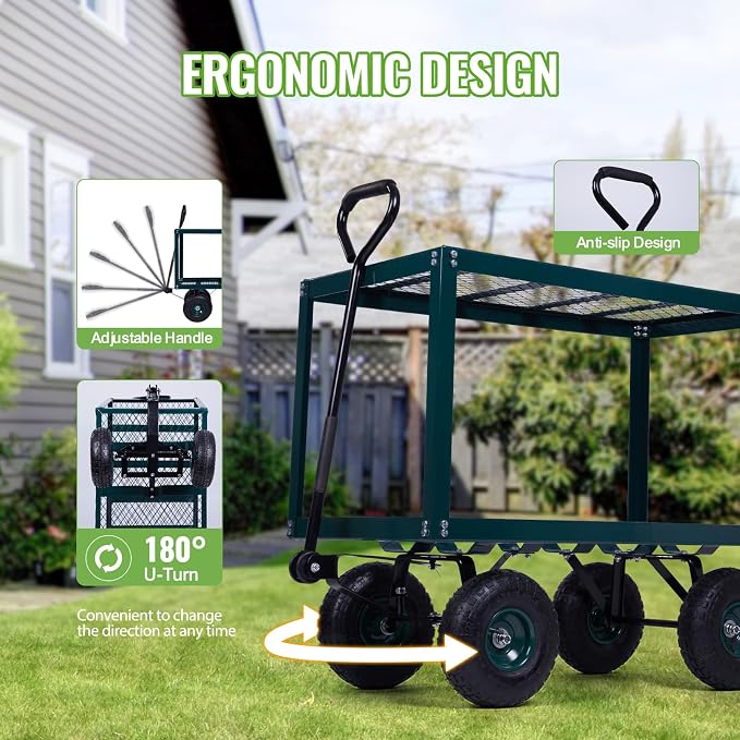 Backyard Expressions 2 Tier Garden Cart, 600 lb Total Capacity, Outdoor Utility Cart with Wheels, Steel Mesh Shelves, Pneumatic Tires, Pull Handle Rolling Wagon for Yard & Lawn
