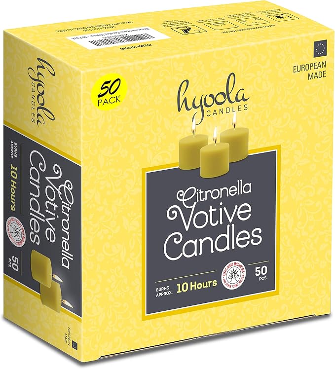 HYOOLA Citronella Votive Candles - 10 Hour Burn Time - 50 Pack, Ideal Bug Repellent Candles, European Made