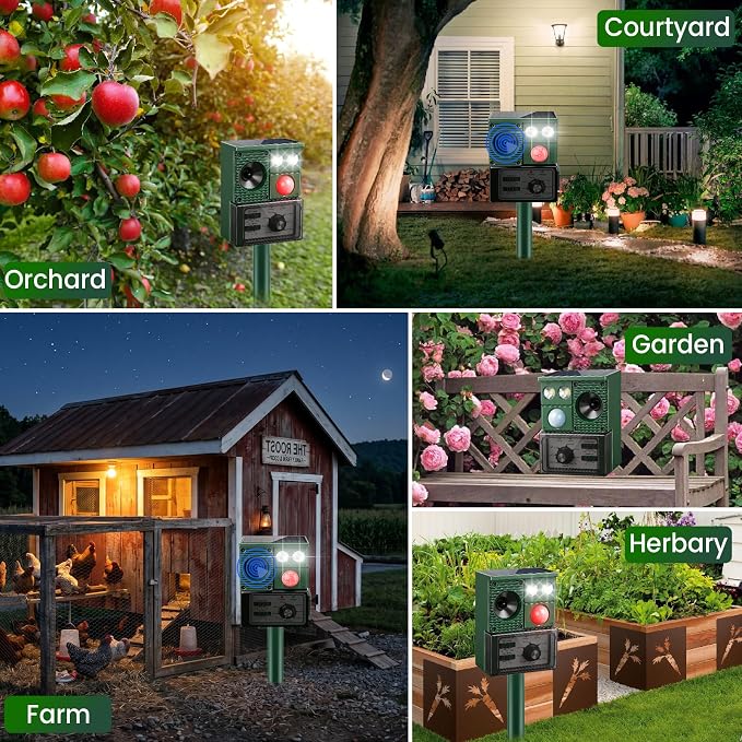 Solar Ultrasonic Animal Repellent Outdoor, 2026 Upgraded Cat Repellent with PIR Sensor & Flashing Light, Deer Repellent Devices Cat Raccoon Squirrel Rabbit Skunk Deterrent for Patio Garden
