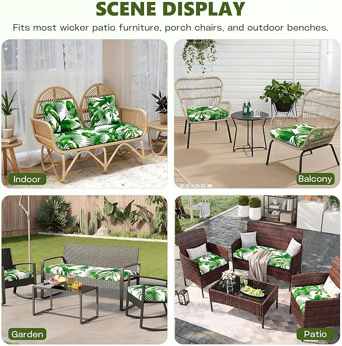 Wicker Chair Cushions Set, 2 U-Shaped Cushions & 1 Loveseat, Waterproof Outdoor Loveseat Cushion for Patio Furniture, Settee Bench Pad All Weather,FreshLeaf