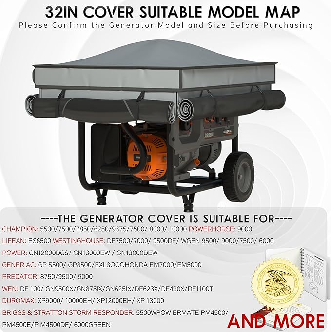 Generator Covers While Running, Waterproof Heavy Duty Generator Tent, 1680D+210D Double Layer, Rooftop Design, Large Generator Cover, 32 x24 x24, Grey