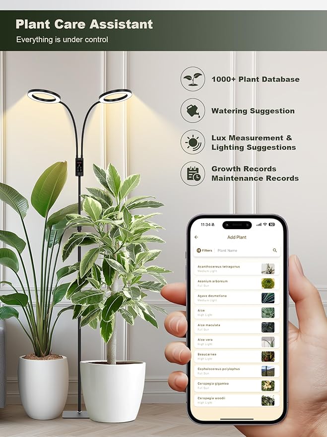 GLOWRIUM Smart Grow Lights for Indoor Plants, 48W Full Spectrum Plant Lights with Bluetooth App, Adjustable Height 47-70.9", Auto Timer, Indoor Plant Lamp for Large Tall Plants(Black 48W)