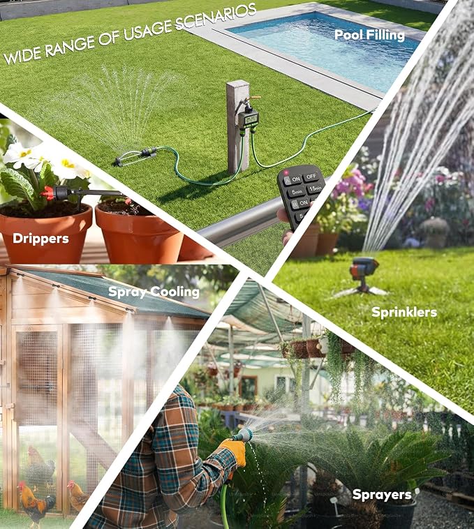 Smart Sprinkler Timer with Remote, 8-Zone Programmable Dual Outlet Watering timers, IP65 Waterproof Automatic/Manual Hose Timer with Child Lock for Lawn, Yard, Garden, and Pool (Twin)