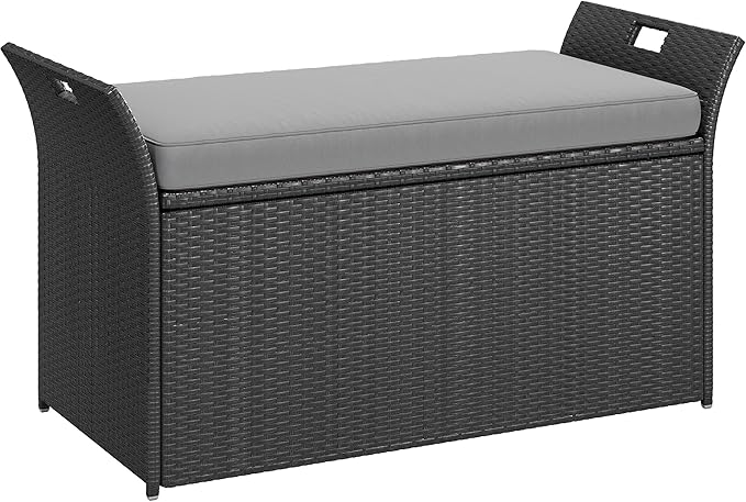 YITAHOME 90 Gallon Outdoor Wicker Storage Bench w/Cushion, Large PE Rattan Deck Storage Box w/Handles & Hydraulics for Patio Furniture, Cushions, Garden Tools, Pool & Sports Equipment, Black &Grey