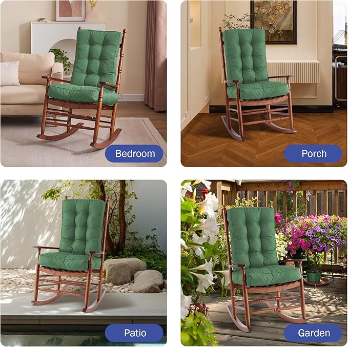 IPYNBAP Rocking Chair Cushion, Waterproof and Fade-Resistant Patio Chair Cushions, Tufted Chair Pads for Rocker Furniture, 17x17 Inch, Indoor/Outdoor Seat Cushions with Ties, Dark Green