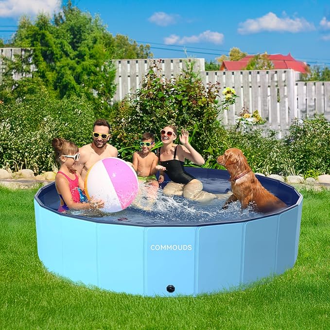 COMMOUDS 107 Inch Foldable Dog Pool, Extra Large Collapsible Hard Plastic Dog Kiddie Swimming Pool, Portable Pet Bath Tub Wading Pools for Kids and Puppy Small Medium Large Dogs