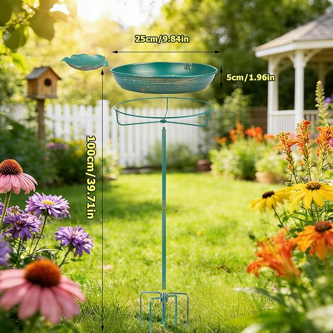 Mellbree Metal Bird Bath for Outside, 10" Dia 39" H Lake Blue with Gold Gilding, Freestanding with Perch & Feeder Bowl, Multi-Functional for Garden Patio Yard Lawn Outdoor Decor
