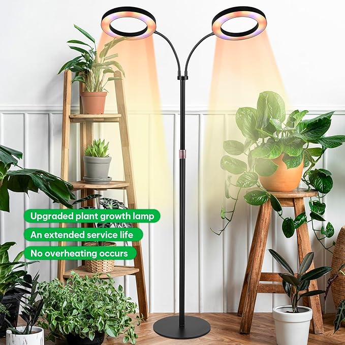 Dual Head Grow Lights for Indoor Plants - Full Spectrum 144 LED Growing Lamps with 3H/9H/12H Auto Timer, 3 Color Modes, 10 Brightness Levels, Height Adjustable 23-67" - Sun Light for Large Tall Plant