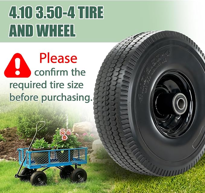 4.10/3.50-4 Tire and Wheel, 10" Solid Tires with 5/8” Bearing, Extra 3/4”&1/2” Bearings, 2.2” Offset Hub, Flat Free 4.10/3.50-4'' Wheels for Dollies, Hand Trucks, Tractors (2 Pack) (Black)