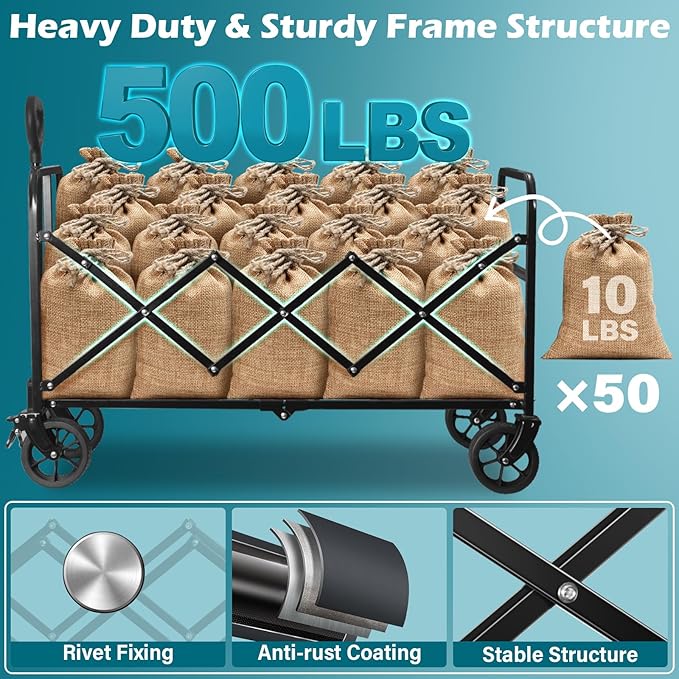 Collapsible Wagon Cart with Wheels Foldable: 500LBS Heavy Duty Folding Utility Wagon - Portable All Terrain Grocery Wagon Cart for Groceries Shopping Outdoor Camping Sports (Black-500Lbs)
